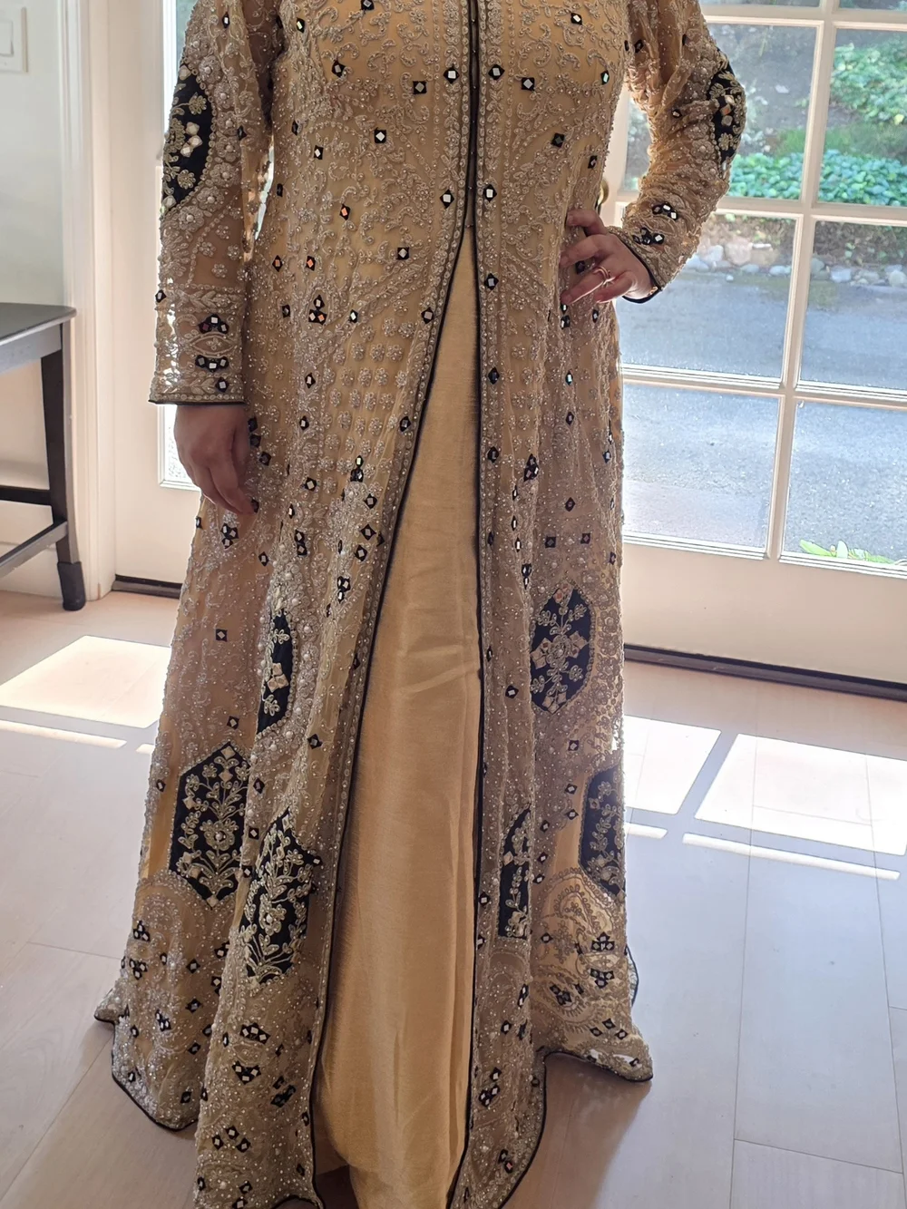 Embellished Gold Long-Sleeve Formal Anarkali Indian Dress